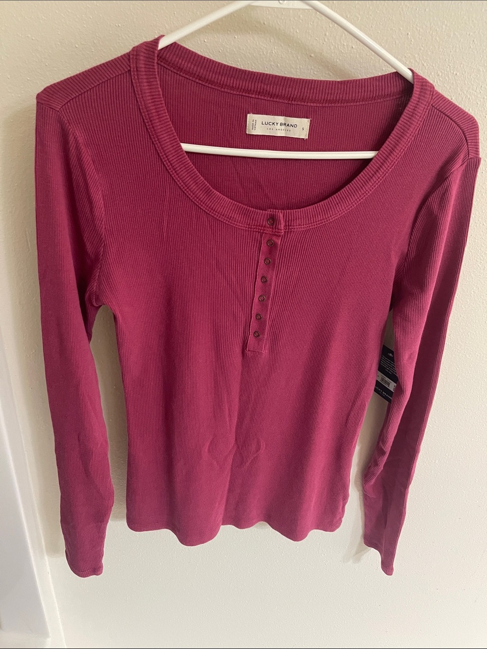Lucky Brand Ribbed Long Sleeve Henley Top - Berry Pink